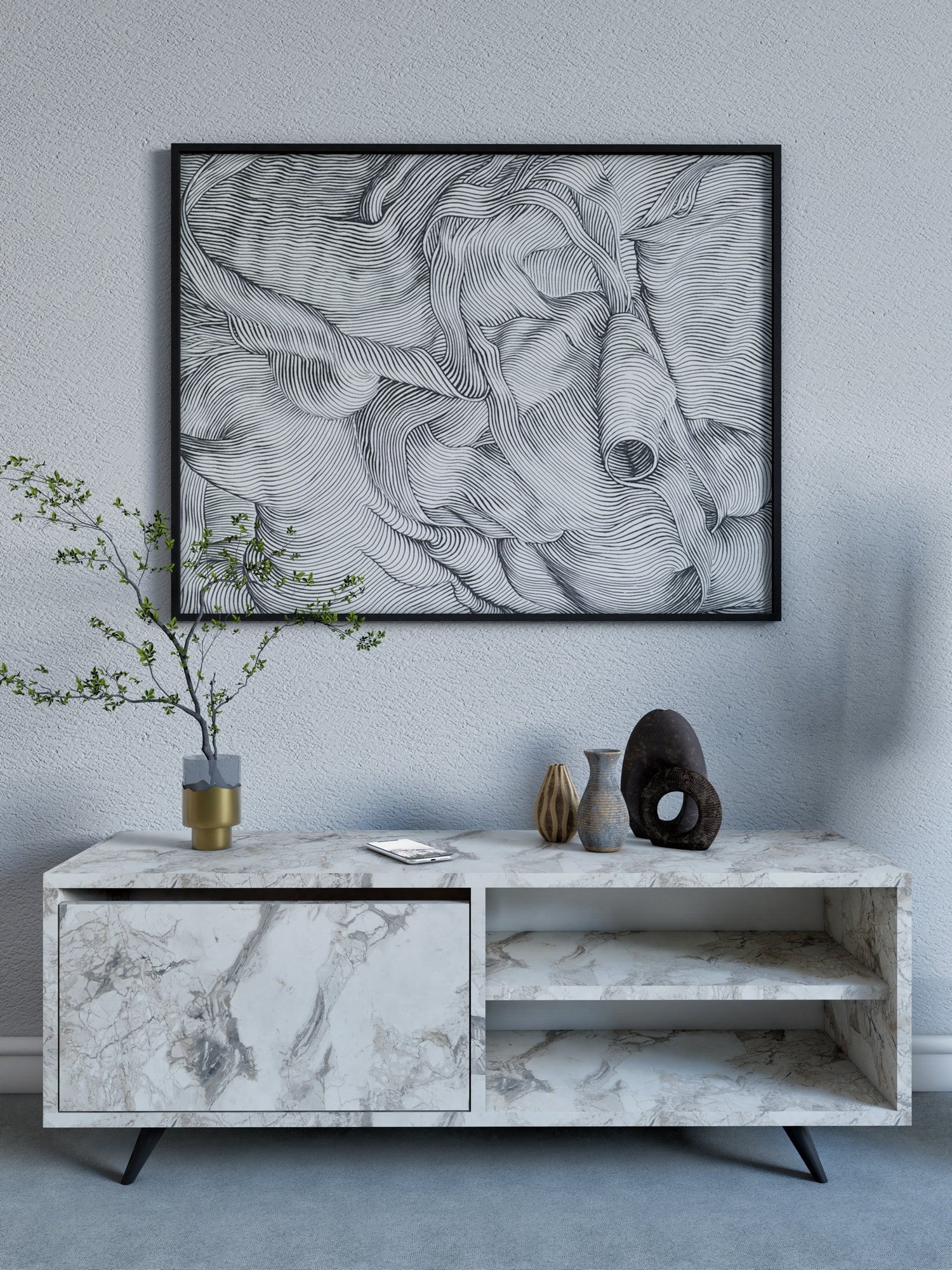 Móvel de TV – 120 cm x 47 cm x 35 cm – Mármore de Éfeso – Painel de partículas revestido a melamina