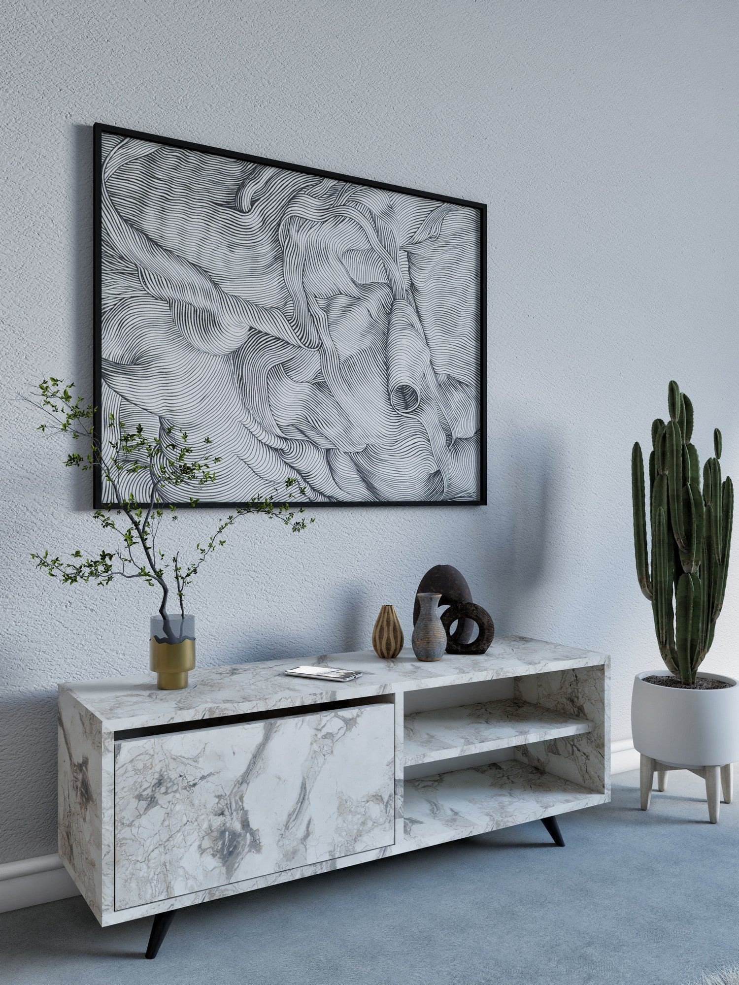 Móvel de TV – 120 cm x 47 cm x 35 cm – Mármore de Éfeso – Painel de partículas revestido a melamina