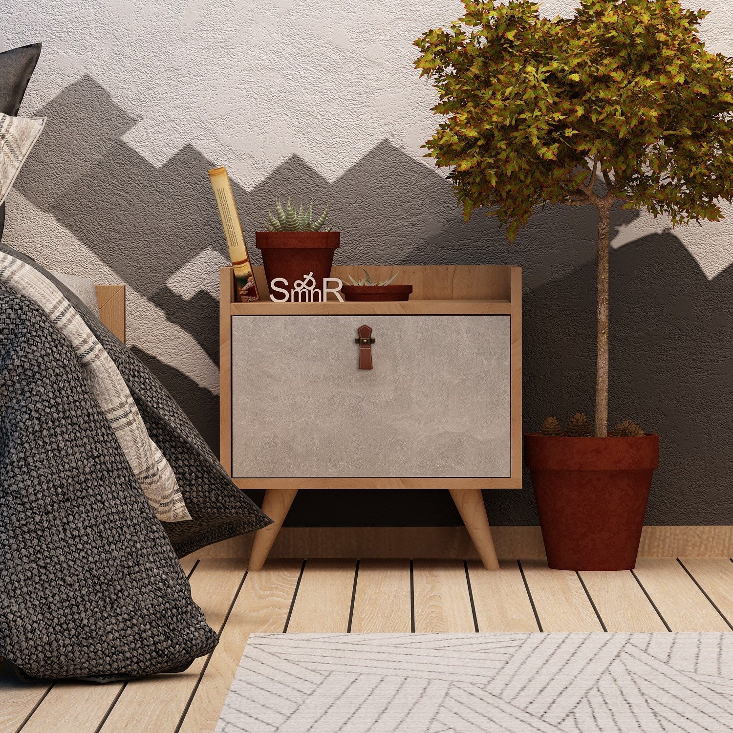 Mesa de cabeceira moderna com alça de couro PU, carvalho e branco, 50 x 55 x 40 cm | 100% revestida em melamina, 18 mm de espessura, pernas de madeira, design elegante e funcional