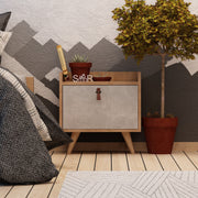 Mesa de cabeceira moderna com alça de couro PU, carvalho e branco, 50 x 55 x 40 cm | 100% revestida em melamina, 18 mm de espessura, pernas de madeira, design elegante e funcional