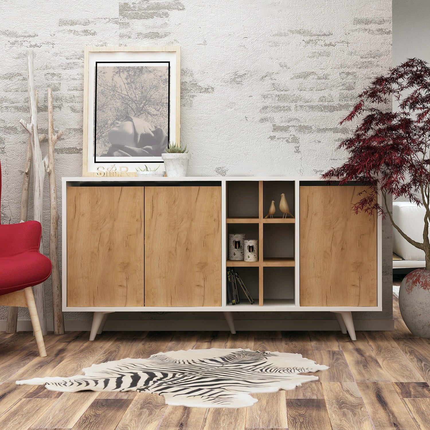 Aparador Moderno – 140 x 86 x 40 cm – Carvalho e Branco – Painéis de partículas revestidos a melamina