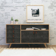 Aparador Moderno – 140 x 86 x 40 cm – Carvalho e Cinza Escuro – 100% Melamina