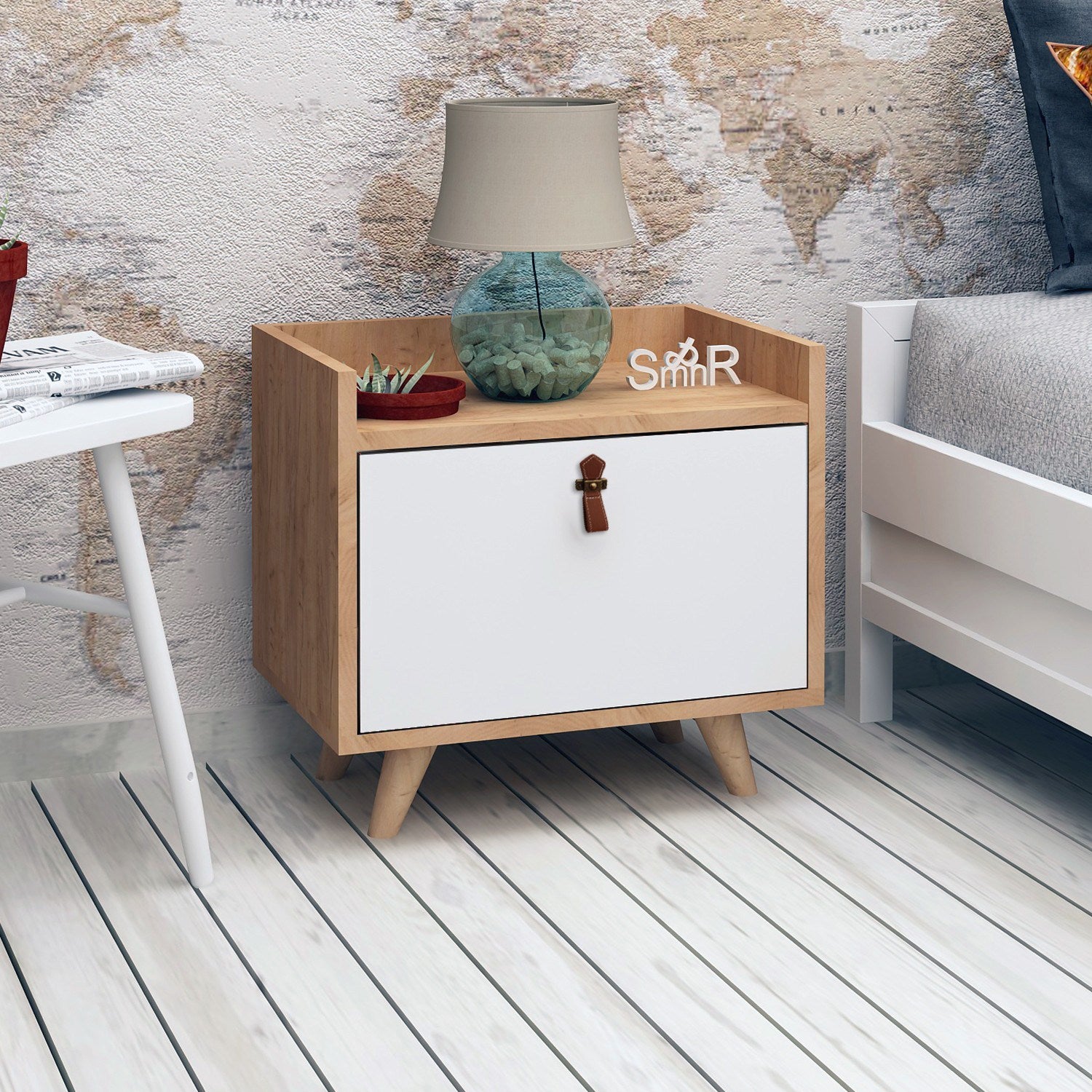 Mesa de cabeceira moderna com puxador de couro PU, carvalho e branco, 50 x 55 x 40 cm | 100% revestida em melamina, 18 mm de espessura, prateleiras elegantes, design escandinavo