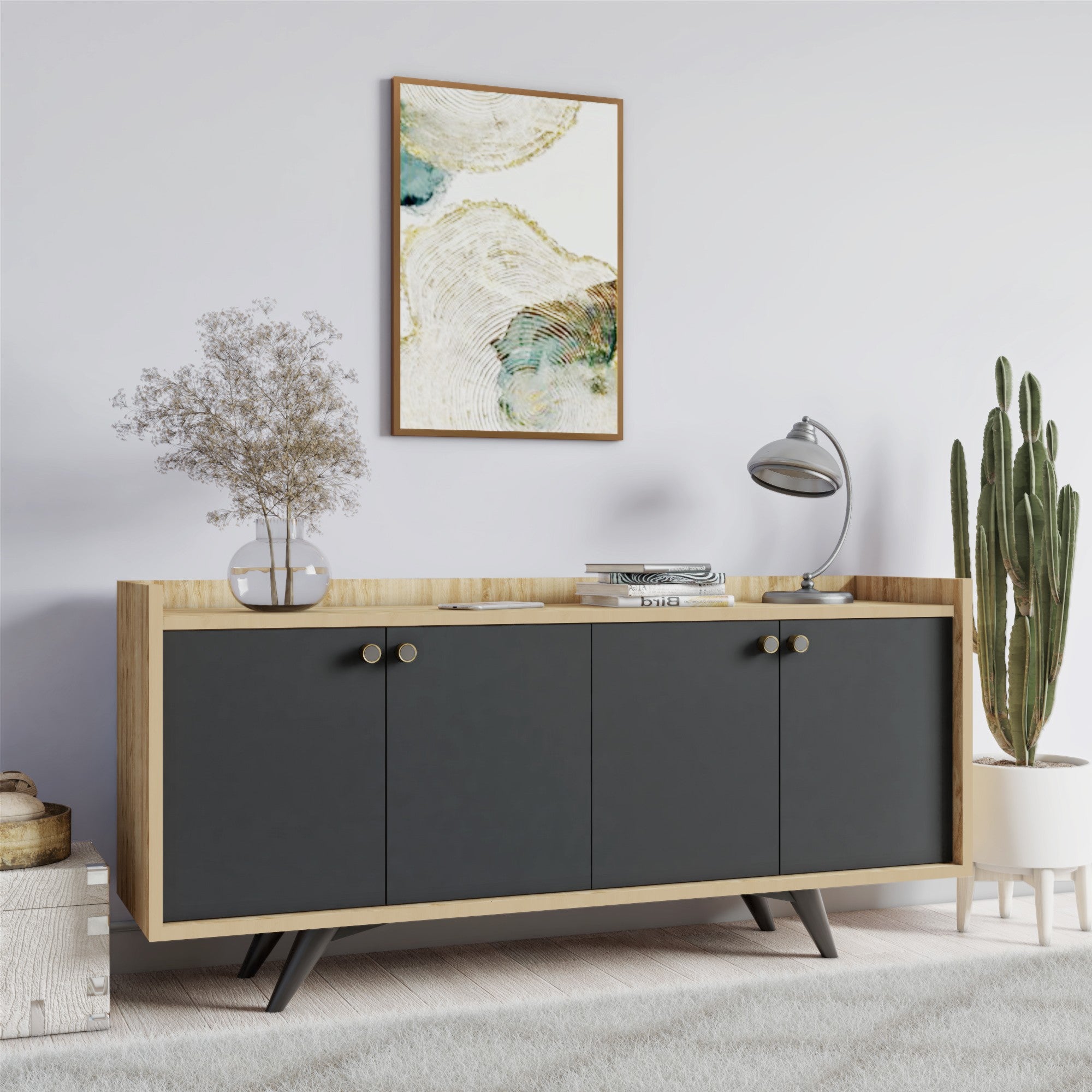 Aparador Moderno – 150 x 75 x 40 cm – Antracite e Carvalho – Painéis de Partículas Revestidos a Melamina