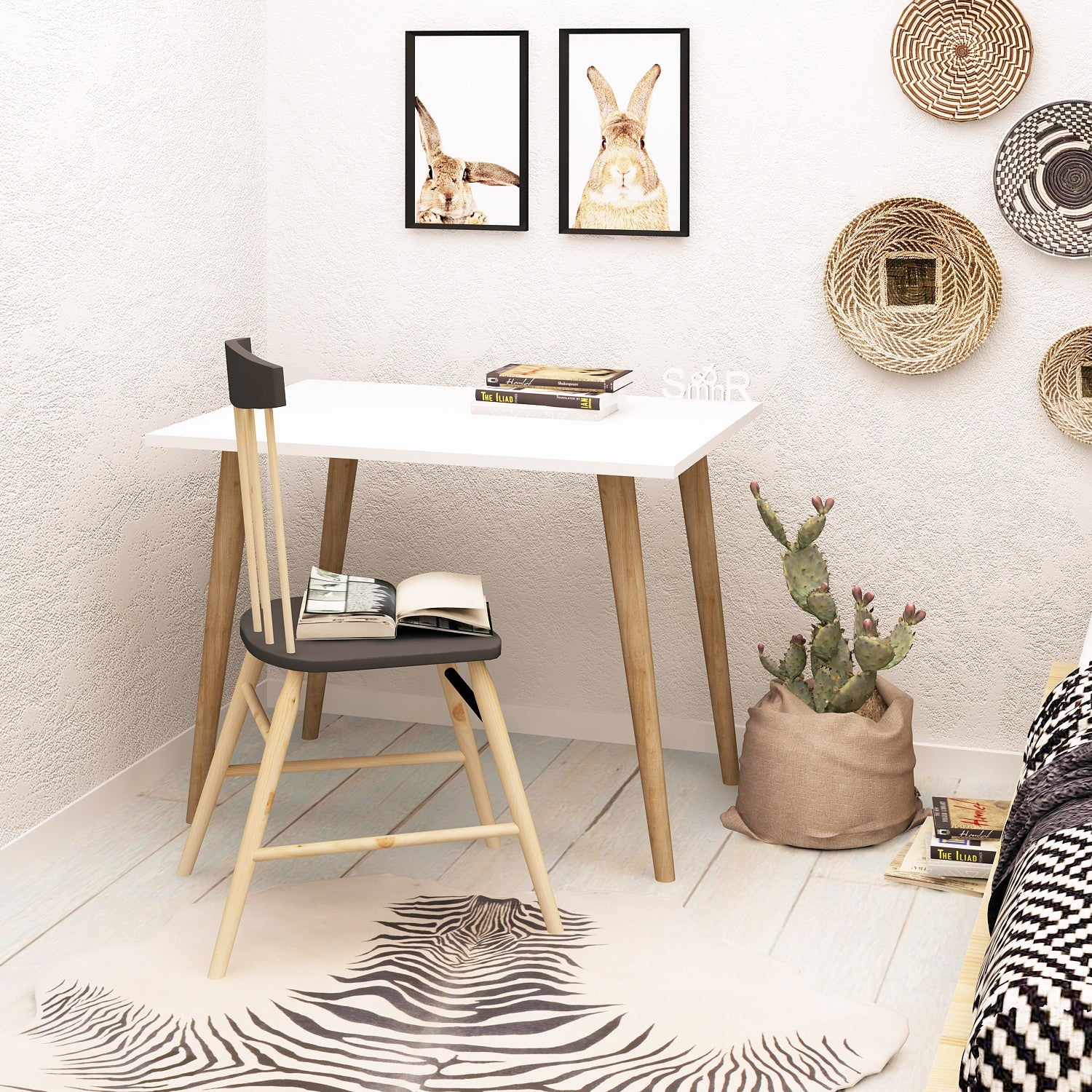 Secretária de Estudo Moderna – 80 x 60 x 74 cm – Branca – Painéis de partículas revestidos a melamina com pernas de madeira
