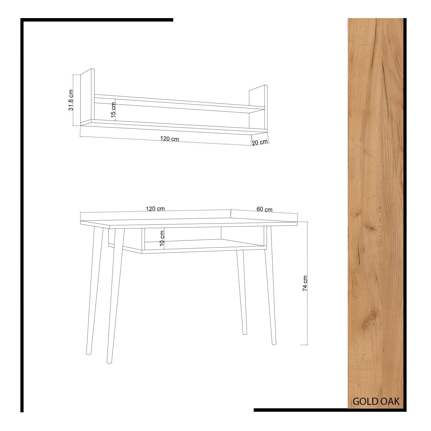 Secretária de Estudo – 120 cm x 74 cm x 60 cm – Carvalho – Painéis de Partículas