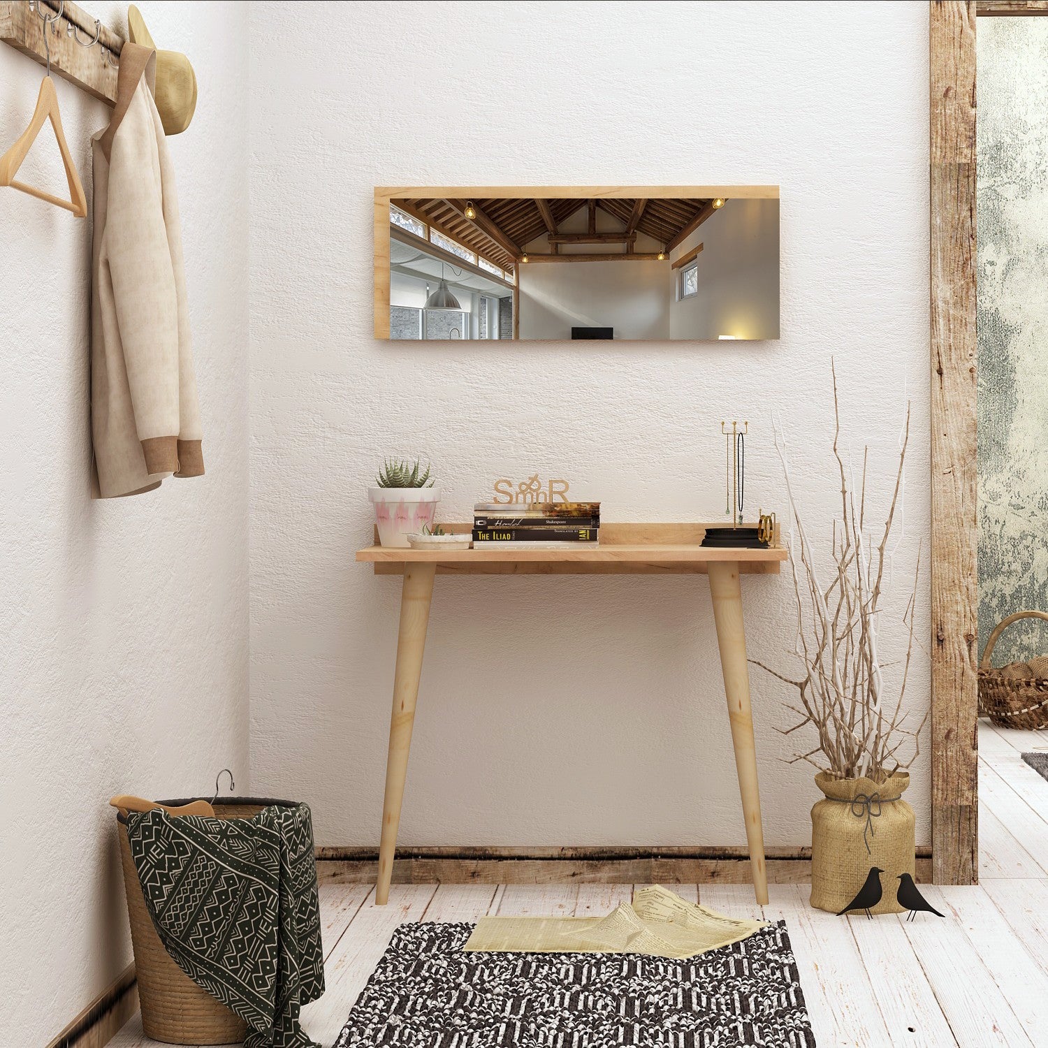 Aparador moderno de carvalho com espelho, 80 x 84 x 32 cm | Painel de partículas 100% revestido de melamina, 18 mm de espessura | Montável na parede, design escandinavo elegante