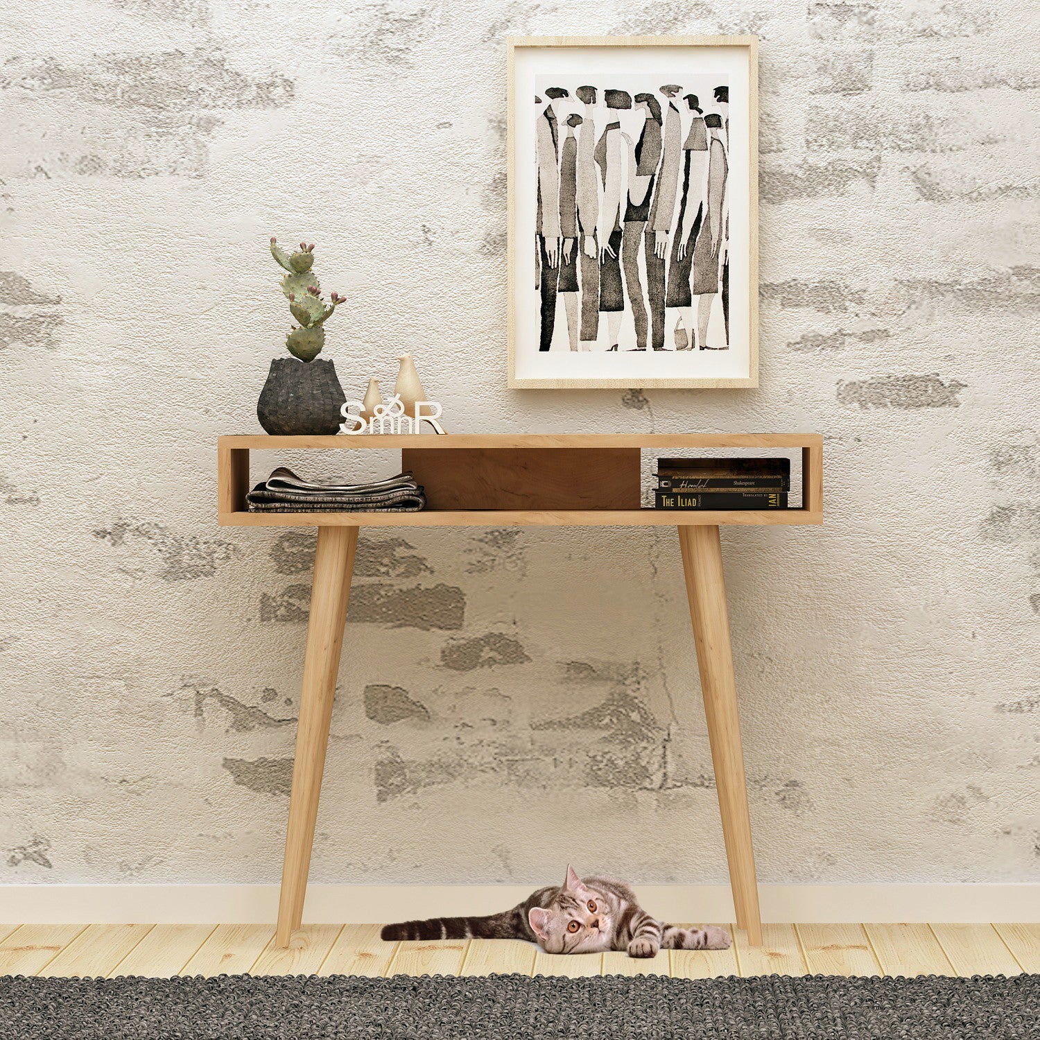 Aparador moderno de 2 andares com pernas de madeira, carvalho e branco, 100 cm | 100% revestido em melamina, 18 mm de espessura | Fixável na parede, elegante para decoração de casa e hotel