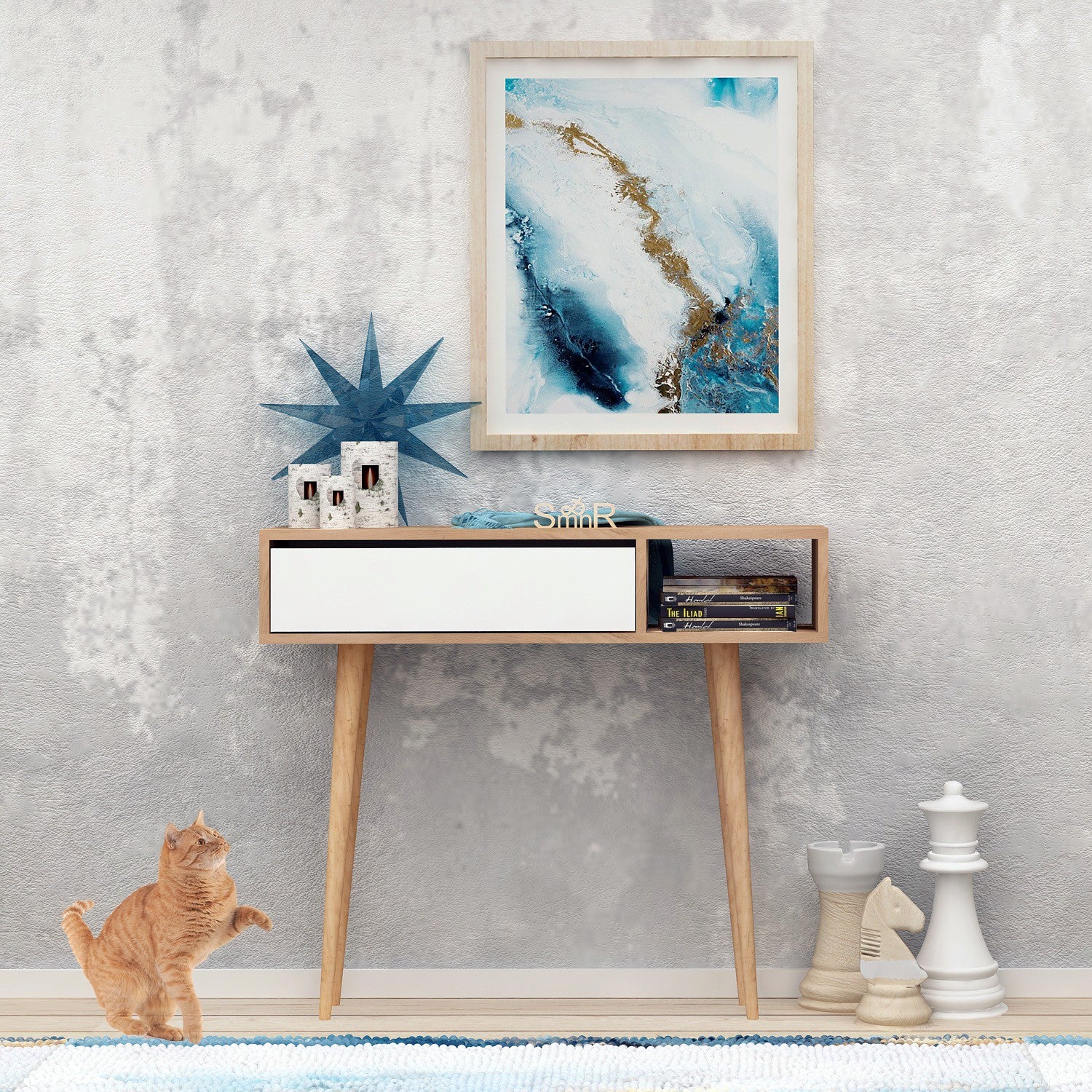 Aparador moderno de 2 níveis, carvalho e branco, 100 cm | Painel de partículas 100% revestido de melamina, 18 mm de espessura | Pernas de madeira elegantes, montável na parede, design escandinavo