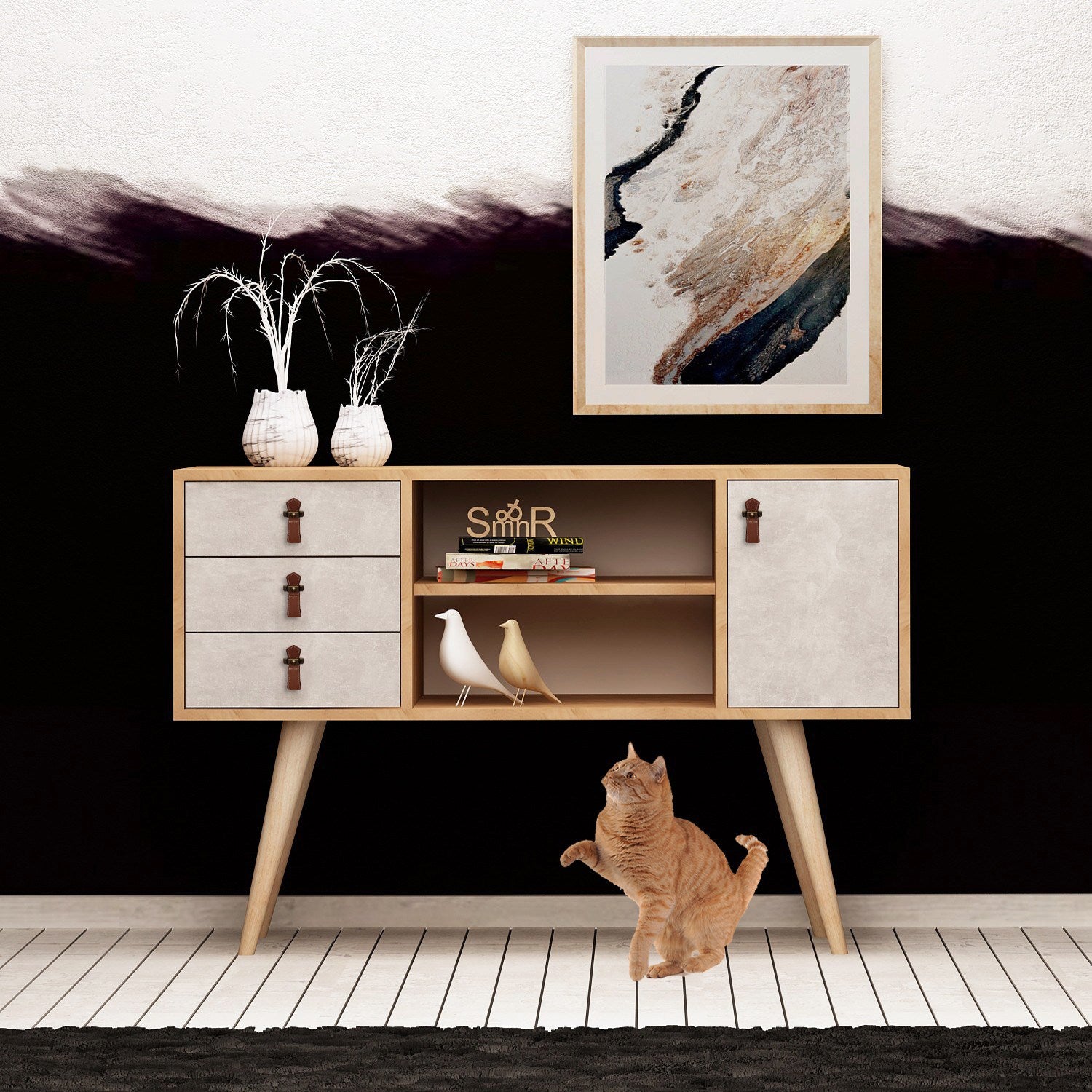 Aparador Moderno com 3 Gavetas – 120 x 80 x 40 cm – Carvalho e Branco – Painel de Partículas Revestido a Melamina