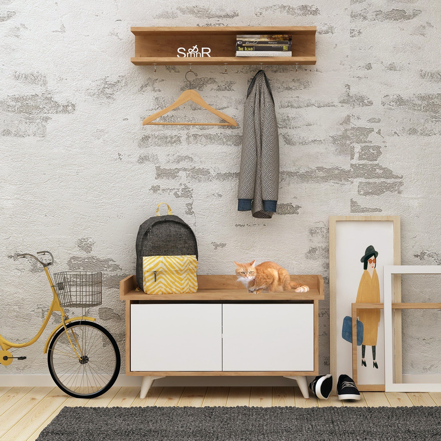 Suporte de hall moderno com sapateira e ganchos de parede, carvalho e branco, 90x60x35 cm | 100% revestido em melamina, 18 mm de espessura | Solução de armazenamento elegante para entrada