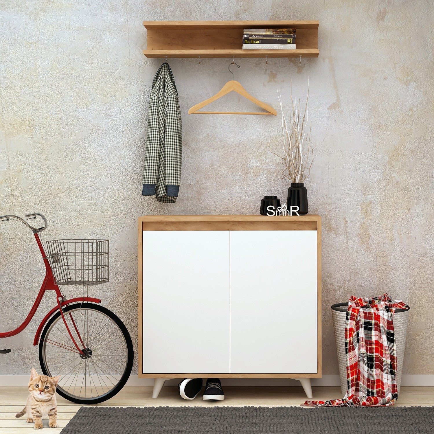 Conjunto para hall de entrada – 80 cm x 35 cm x 100 cm – Carvalho e Branco – Painéis de Partículas