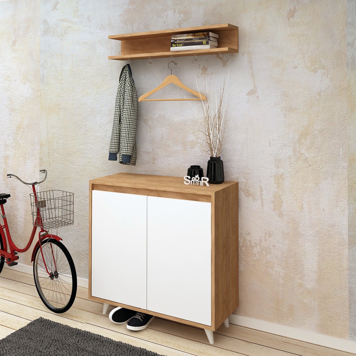 Conjunto para hall de entrada – 80 cm x 35 cm x 100 cm – Carvalho e Branco – Painéis de Partículas