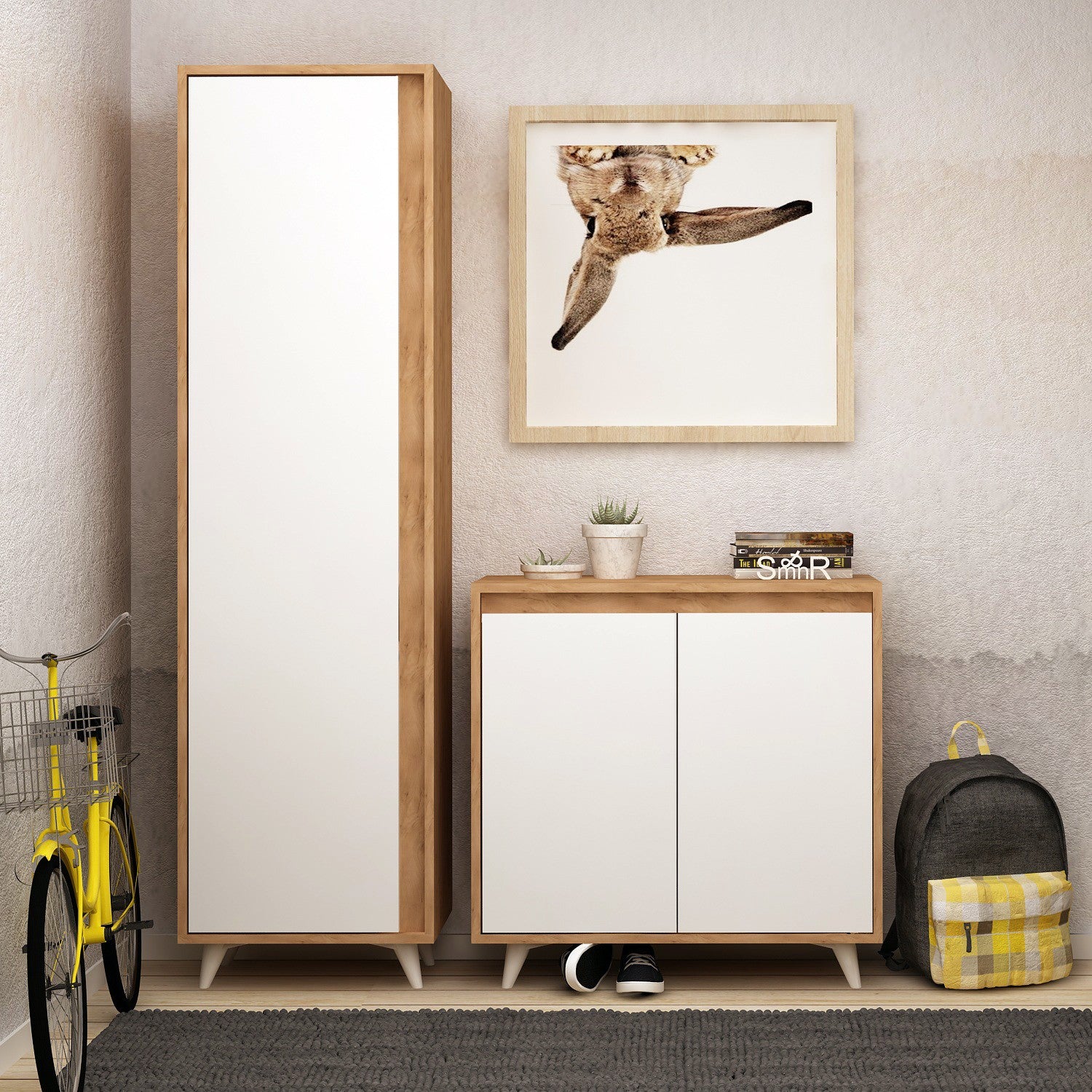 Sapateira moderna, carvalho e branco, 80 x 100 x 35 cm | Painel de partículas 100% revestido em melamina, 18 mm de espessura | Montável na parede, design elegante e funcional