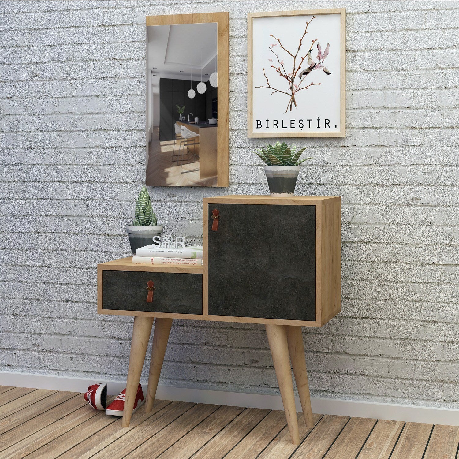 Conjunto para Hall de Entrada – 80 cm x 80 cm x 40 cm – Cinza Escuro e Carvalho – Painel de Partículas
