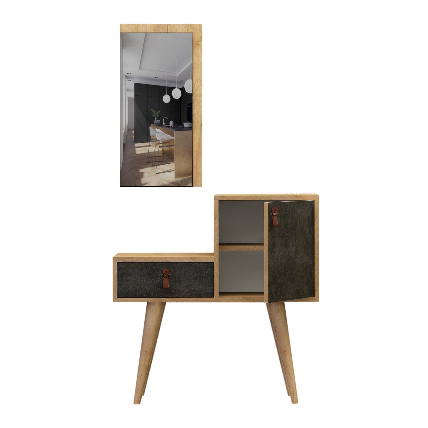 Conjunto para Hall de Entrada – 80 cm x 80 cm x 40 cm – Cinza Escuro e Carvalho – Painel de Partículas
