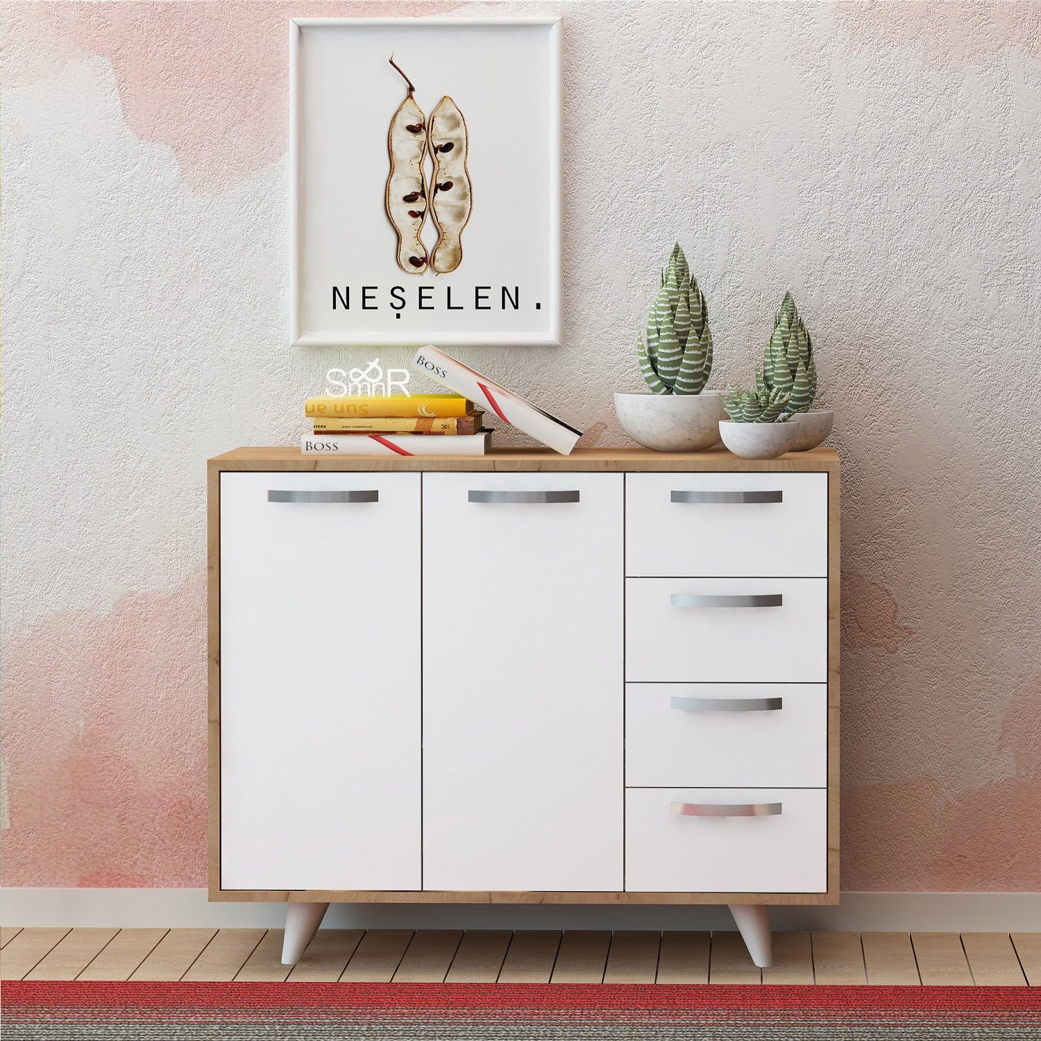 Armário moderno multiuso – 100 cm x 82 cm x 35 cm – Carvalho e Branco – MDF revestido em melamina