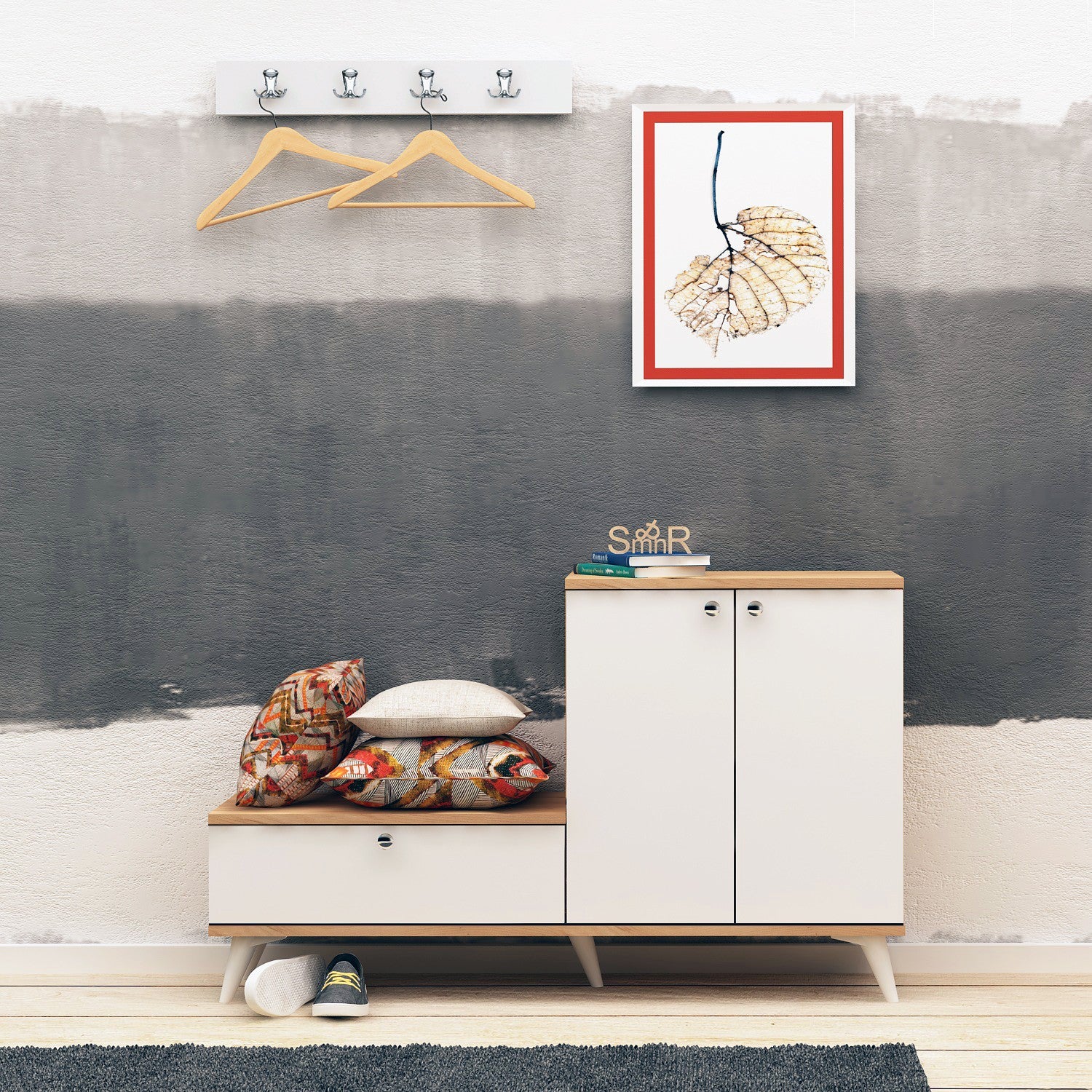 Suporte de hall moderno com sapateira e ganchos de parede, carvalho e branco, 120 x 76 x 30 cm | 100% revestido em melamina, 1 gaveta, várias prateleiras | Design elegante e funcional