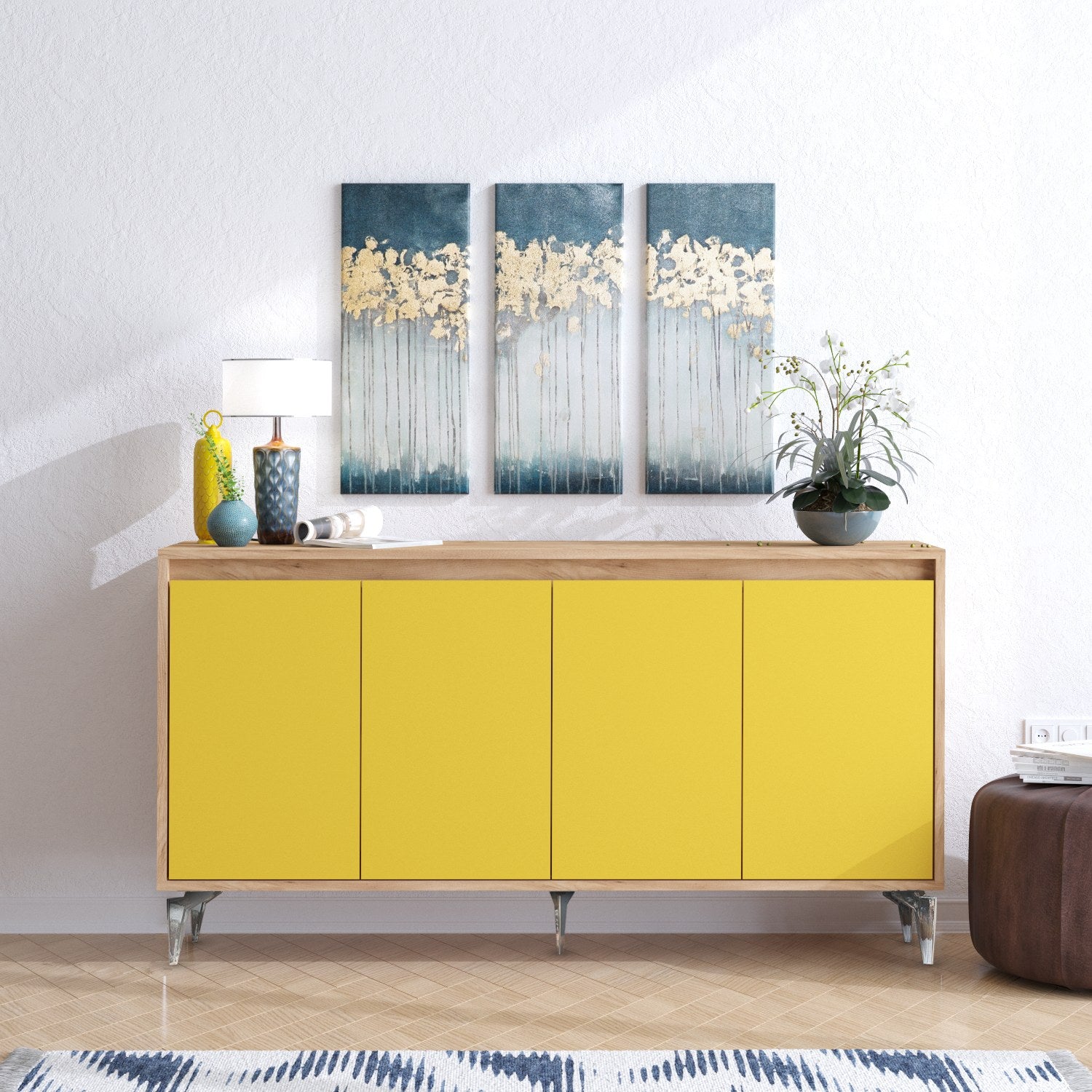 Aparador Moderno com Prateleiras – 140 x 94 x 40 cm – Carvalho e Amarelo – Painel de Partículas Revestido com Melamina
