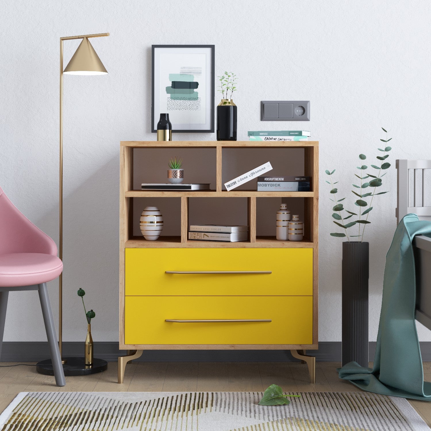 Cómoda – 70cm x 85.6cm x 40cm – Dourado e Carvalho – Painéis de partículas revestidos a melamina