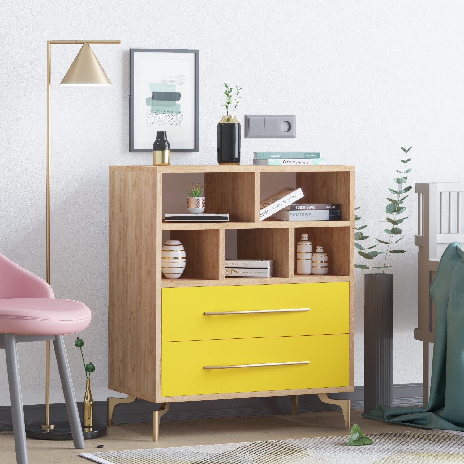 Cómoda – 70cm x 85.6cm x 40cm – Dourado e Carvalho – Painéis de partículas revestidos a melamina