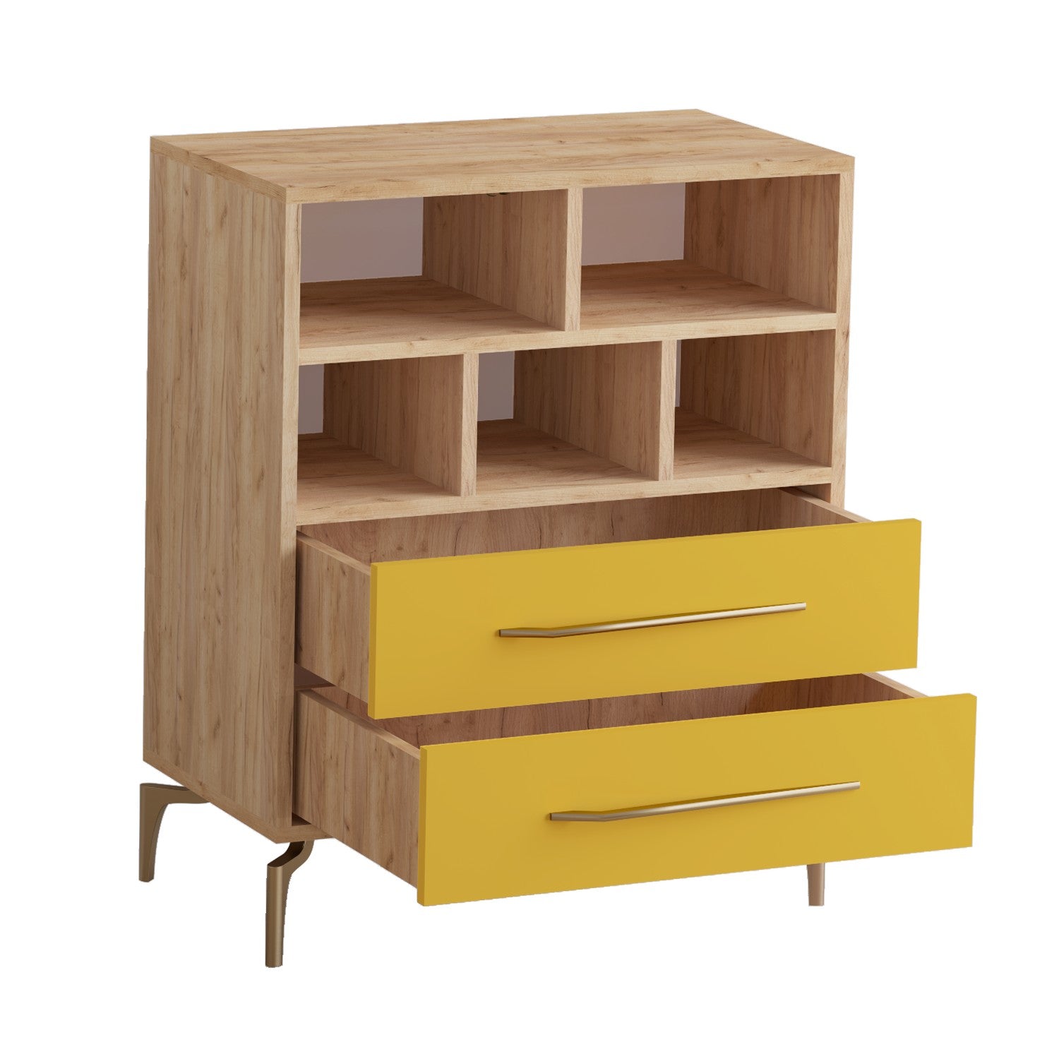 Cómoda – 70cm x 85.6cm x 40cm – Dourado e Carvalho – Painéis de partículas revestidos a melamina