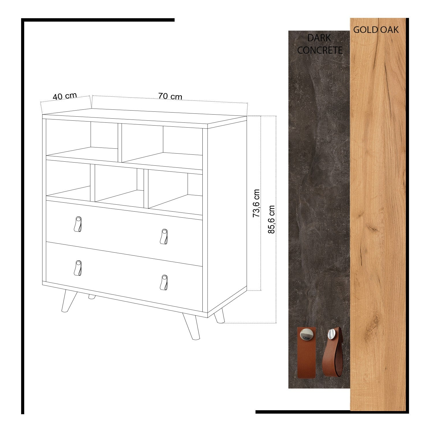 Cómoda – 70cm x 85.6cm x 40cm – Dourado e Carvalho – Painéis de partículas revestidos a melamina