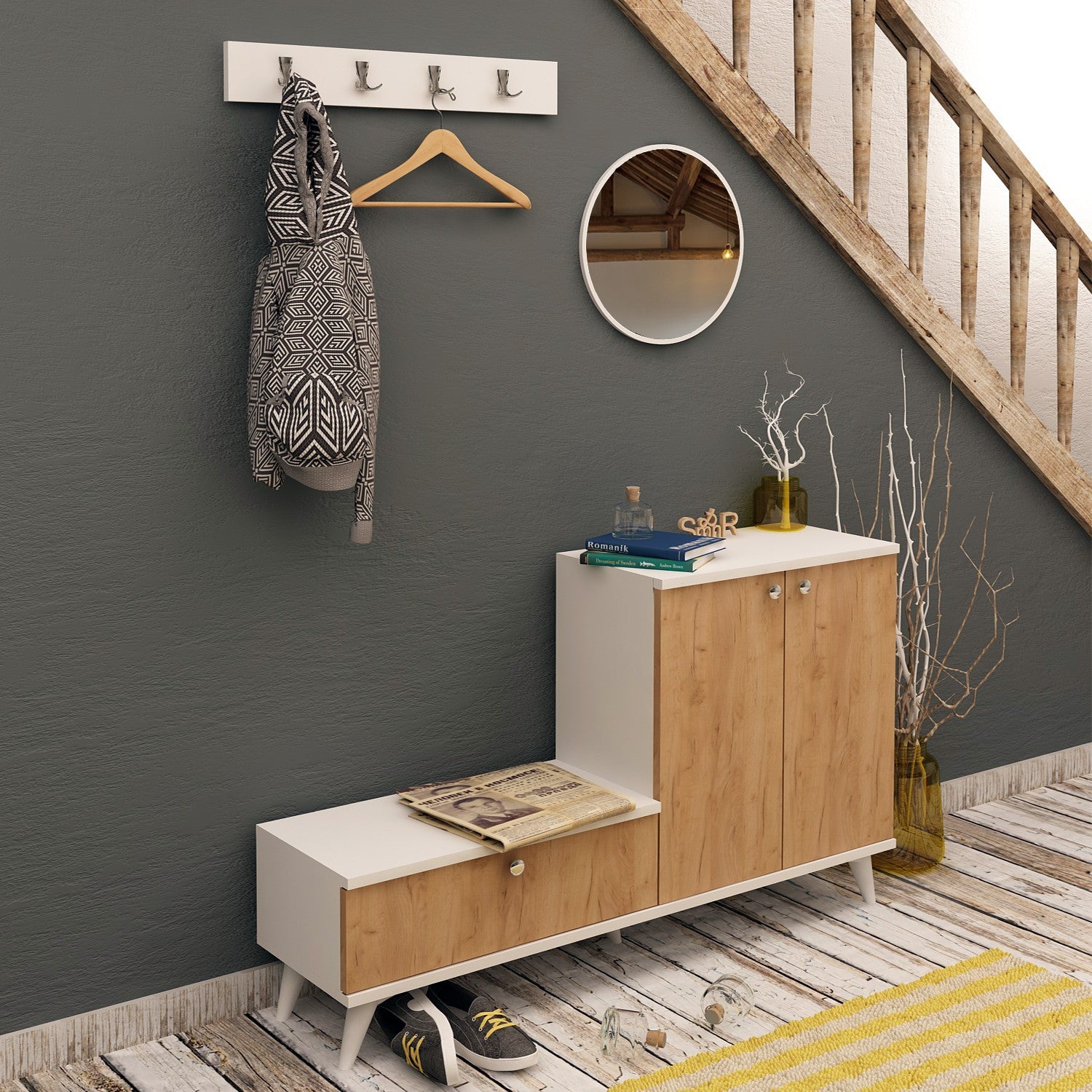Sapateira moderna, carvalho e branco, 120 x 76 x 30 cm | 100% revestida em melamina, 18 mm de espessura, montável na parede, várias prateleiras, design escandinavo elegante
