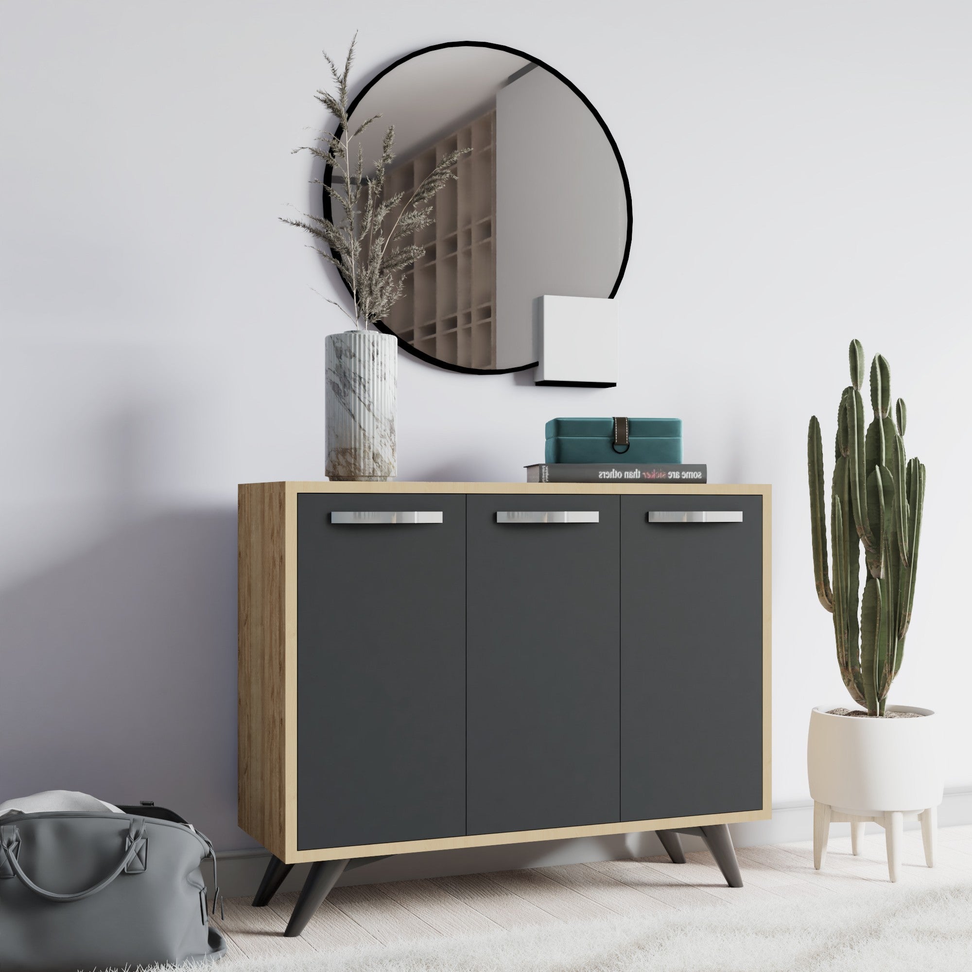 Armário multiusos – 100cm x 82cm x 35cm – Carvalho e Antracite – Painel de partículas revestido a melamina