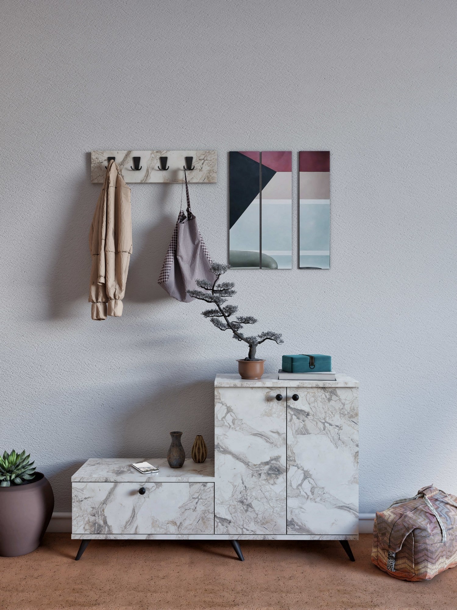Conjunto para hall de entrada – 120cm x 76cm x 30cm – Mármore de Éfeso – Painel de partículas revestido a melamina