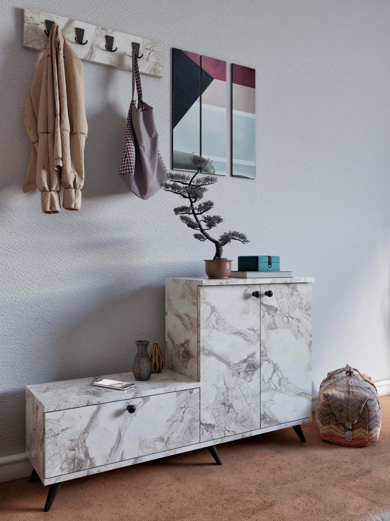 Conjunto para hall de entrada – 120cm x 76cm x 30cm – Mármore de Éfeso – Painel de partículas revestido a melamina