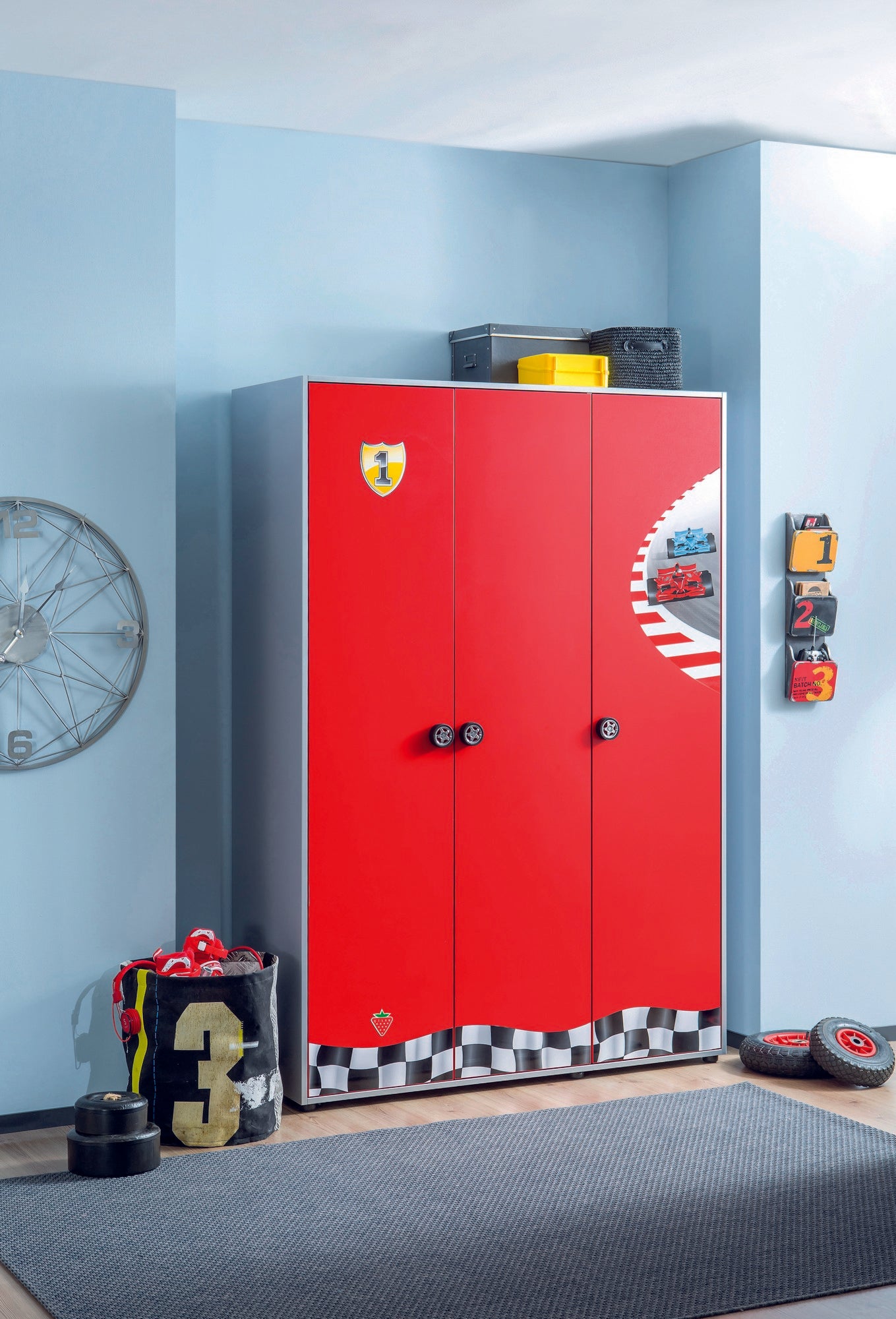 Roupeiro Race Cup Multicolor 135cm - Melamina 18mm com Gavetas, Prateleiras e Portas Soft Close para Quarto Infantil