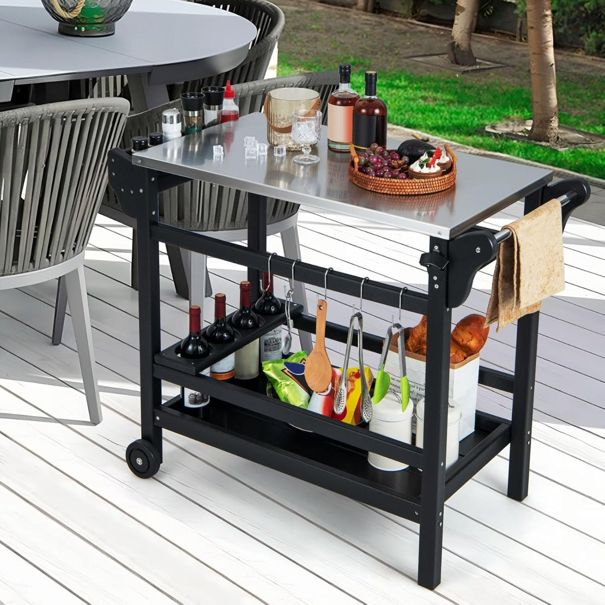 Mesa de Parrilla para Churrasco ao Ar Livre com Tampo em Aço Inoxidável, Estrutura em HDPE, Rodas e Pega para Piquenique no Pátio - Preto