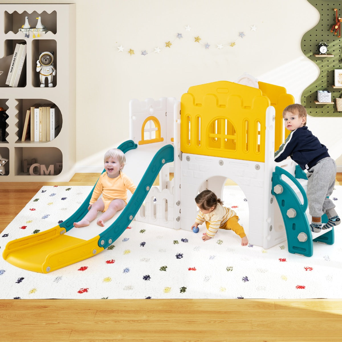 Parque Infantil 9 em 1 com Cesto de Basquetebol, Telescópio, Volante, Passagem, Túnel para Crianças com 1 Ano ou Mais 176 x 138 x 80 cm Amarelo