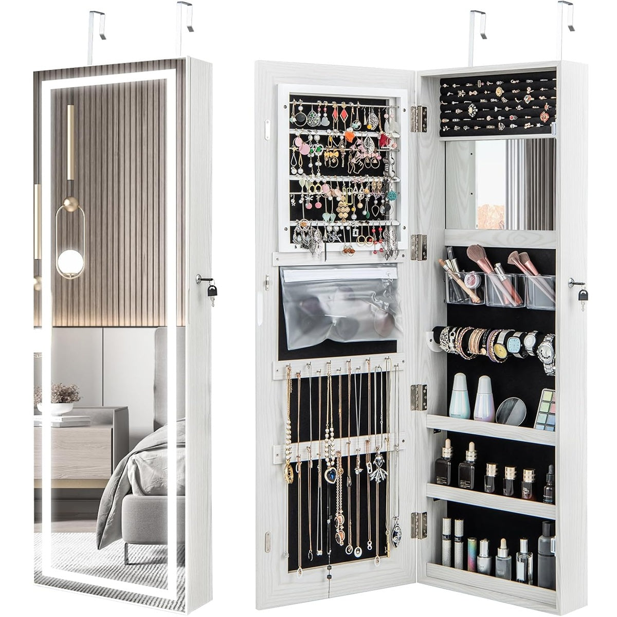 Armário para Joias com Iluminação LED e Espelho de Corpo Inteiro Organizador de Joias com Fechadura 40 × 12,5 × 120 cm Branco