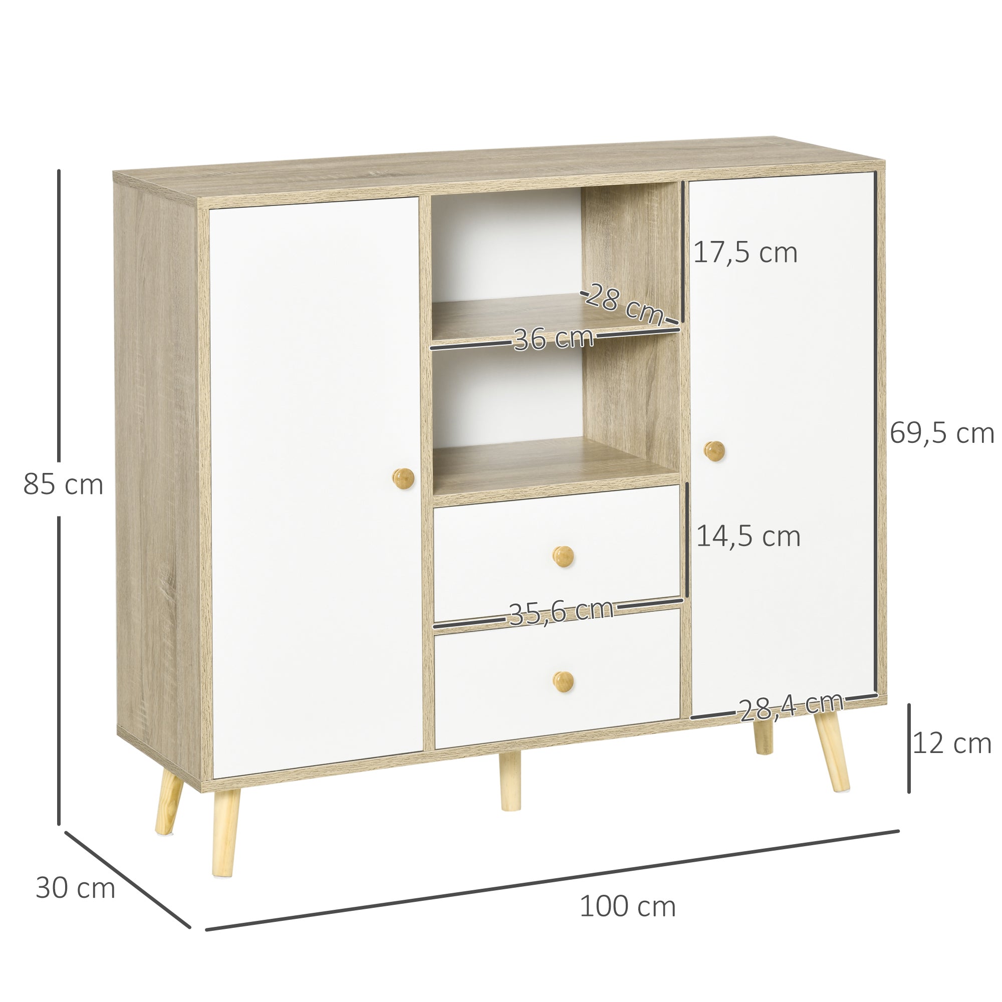 Aparador de Sala de Estar 100x30x85 cm Branco e Madeira Natural