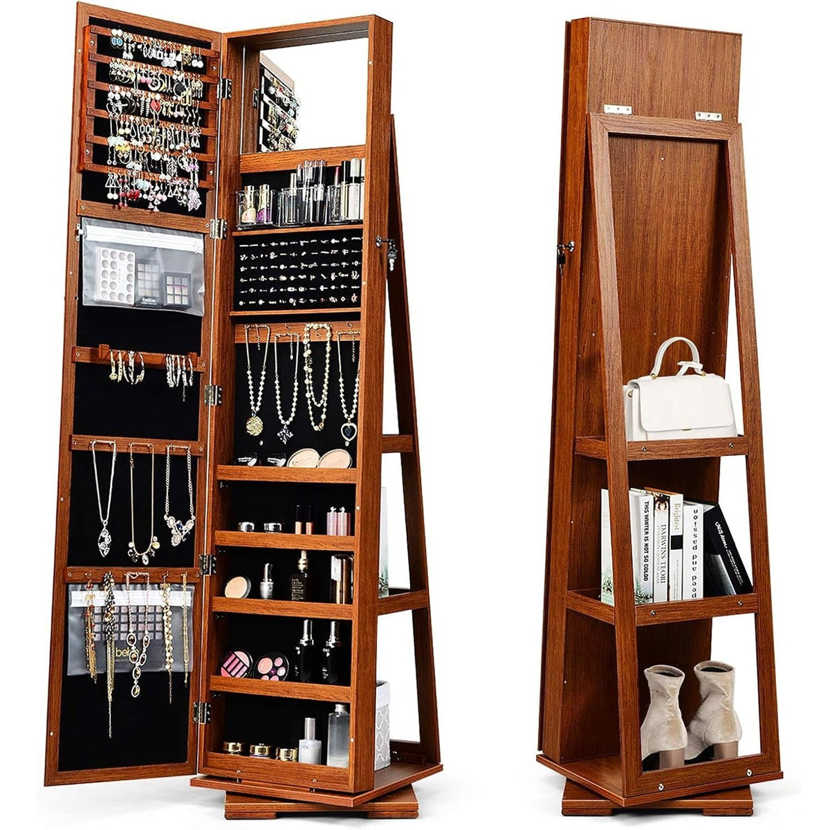 Armário de Joalharia com Espelho Inteiro para Joias com Prateleiras com Fechadura Giratória de 360° Castanho 39×39×161cm