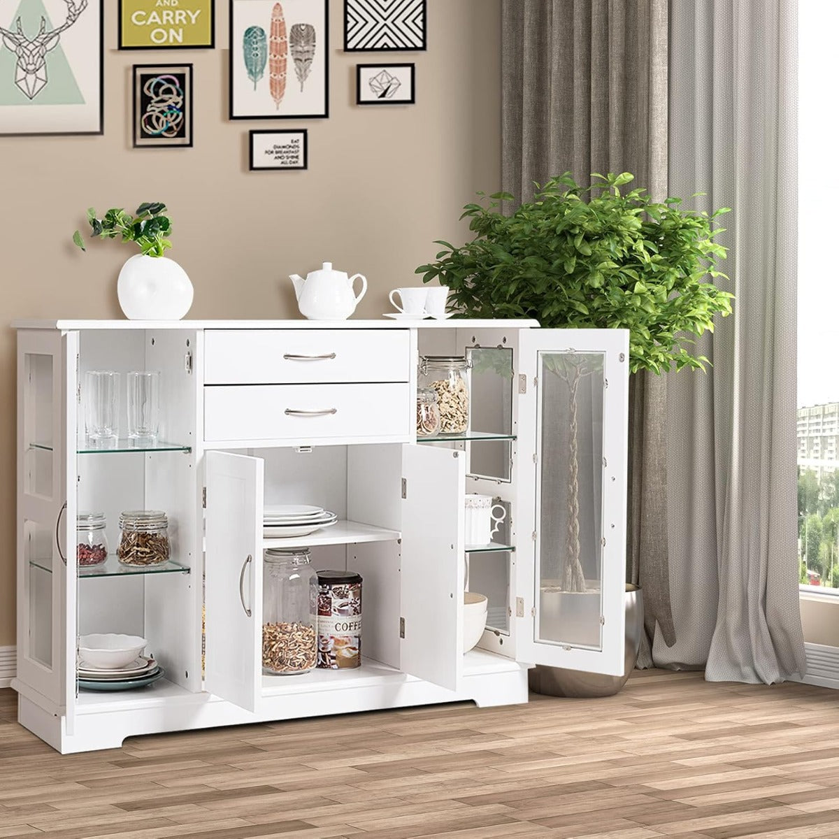 Aparador Elegante de Madeira com Portas de Vidro e 2 Gavetas Armário de Armazenamento para Sala de Jantar Corredor Branco