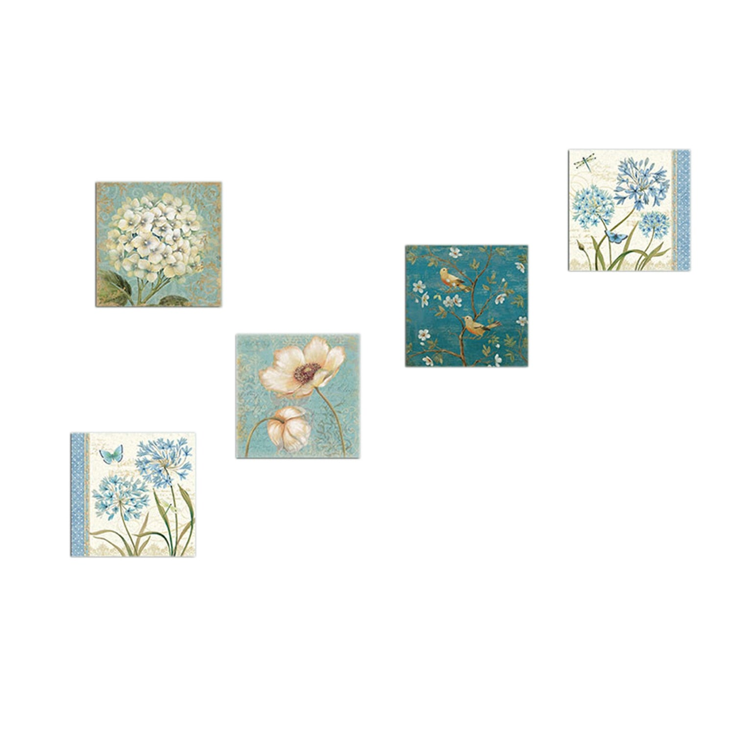 Conjunto Decorativo MDF 5 Peças Azul Verde Branco - Impressão UV 15x15cm