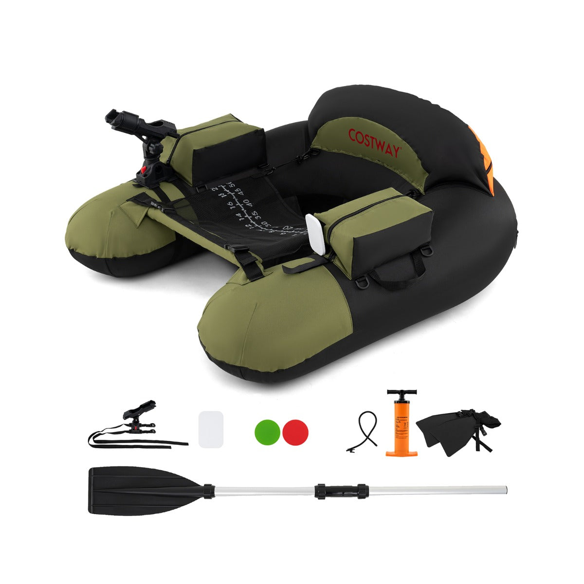 Bote de Pesca Insuflável com Remo de Alumínio Suporte de Cana de Pesca Ajustável Bolsos de Armazenamento 111 x 104 x 46 cm Verde