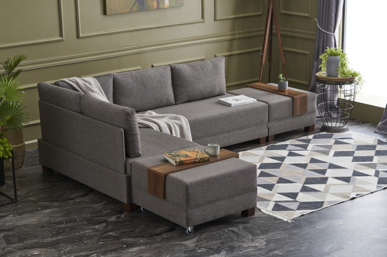 Sofá-cama de canto elegante, marrom, 210 x 70 x 280 cm | 100% poliéster, tamanho da cama: 140 x 190 cm, estrutura de madeira, tecido fácil de limpar, inclui mesa de braço