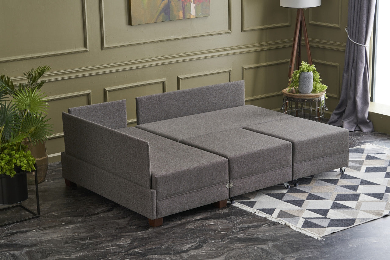Sofá-cama de canto elegante, marrom, 210 x 70 x 280 cm | 100% poliéster, tamanho da cama: 140 x 190 cm, estrutura de madeira, tecido fácil de limpar, inclui mesa de braço