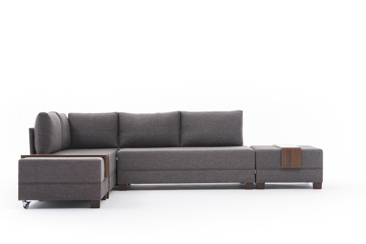 Sofá-cama de canto elegante, marrom, 210 x 70 x 280 cm | 100% poliéster, tamanho da cama: 140 x 190 cm, estrutura de madeira, tecido fácil de limpar, inclui mesa de braço