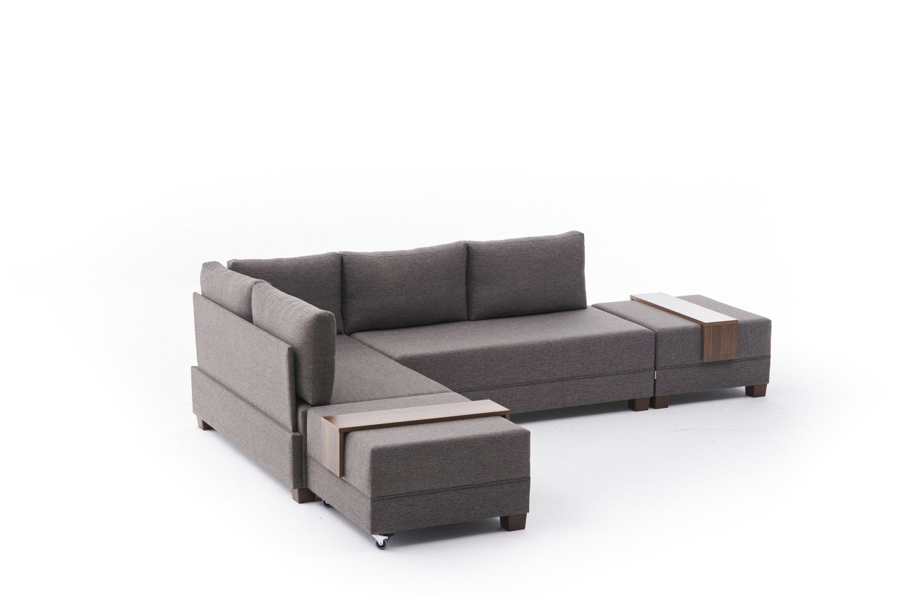 Sofá-cama de canto elegante, marrom, 210 x 70 x 280 cm | 100% poliéster, tamanho da cama: 140 x 190 cm, estrutura de madeira, tecido fácil de limpar, inclui mesa de braço