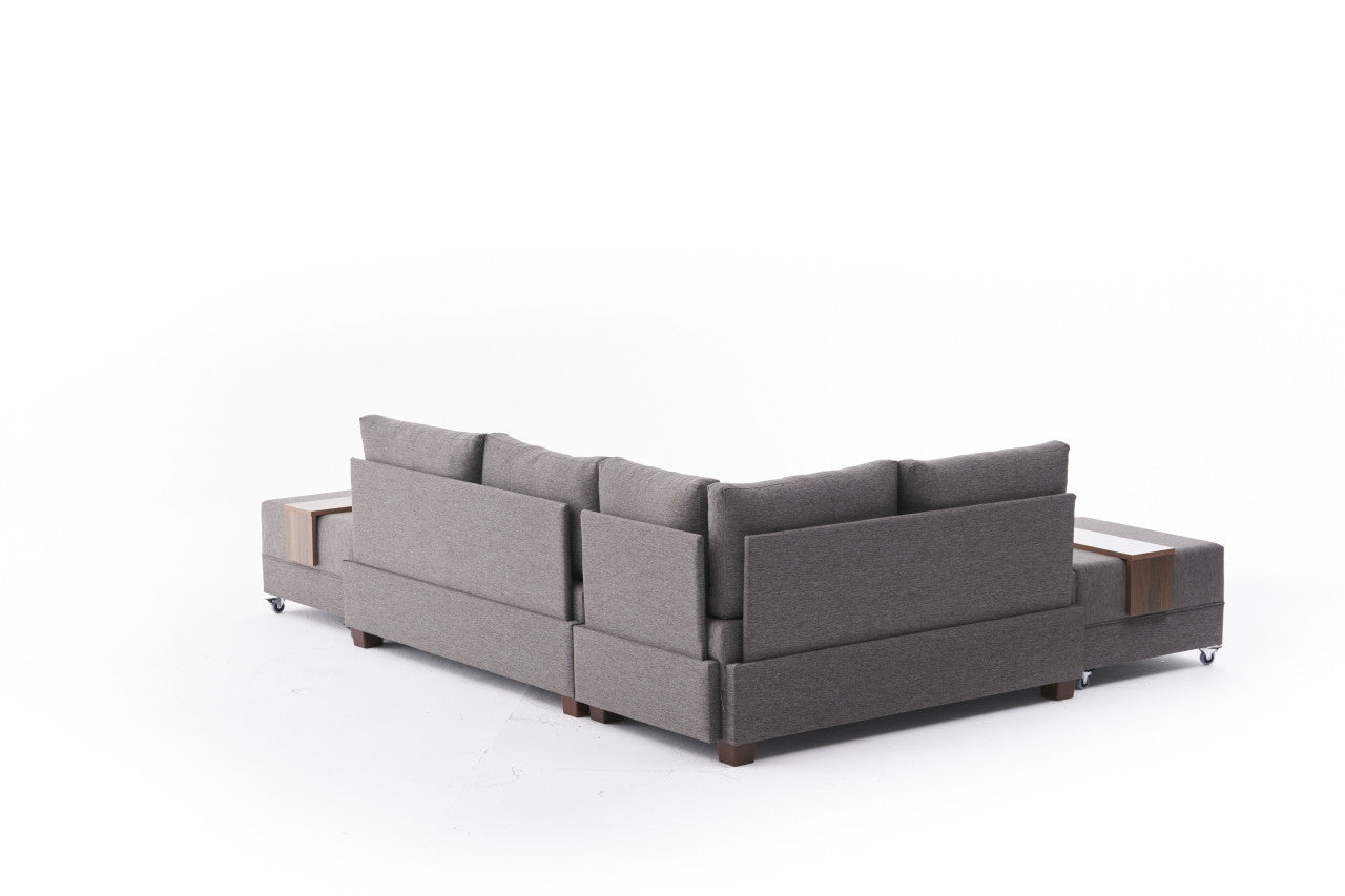 Sofá-cama de canto elegante, marrom, 210 x 70 x 280 cm | 100% poliéster, tamanho da cama: 140 x 190 cm, estrutura de madeira, tecido fácil de limpar, inclui mesa de braço