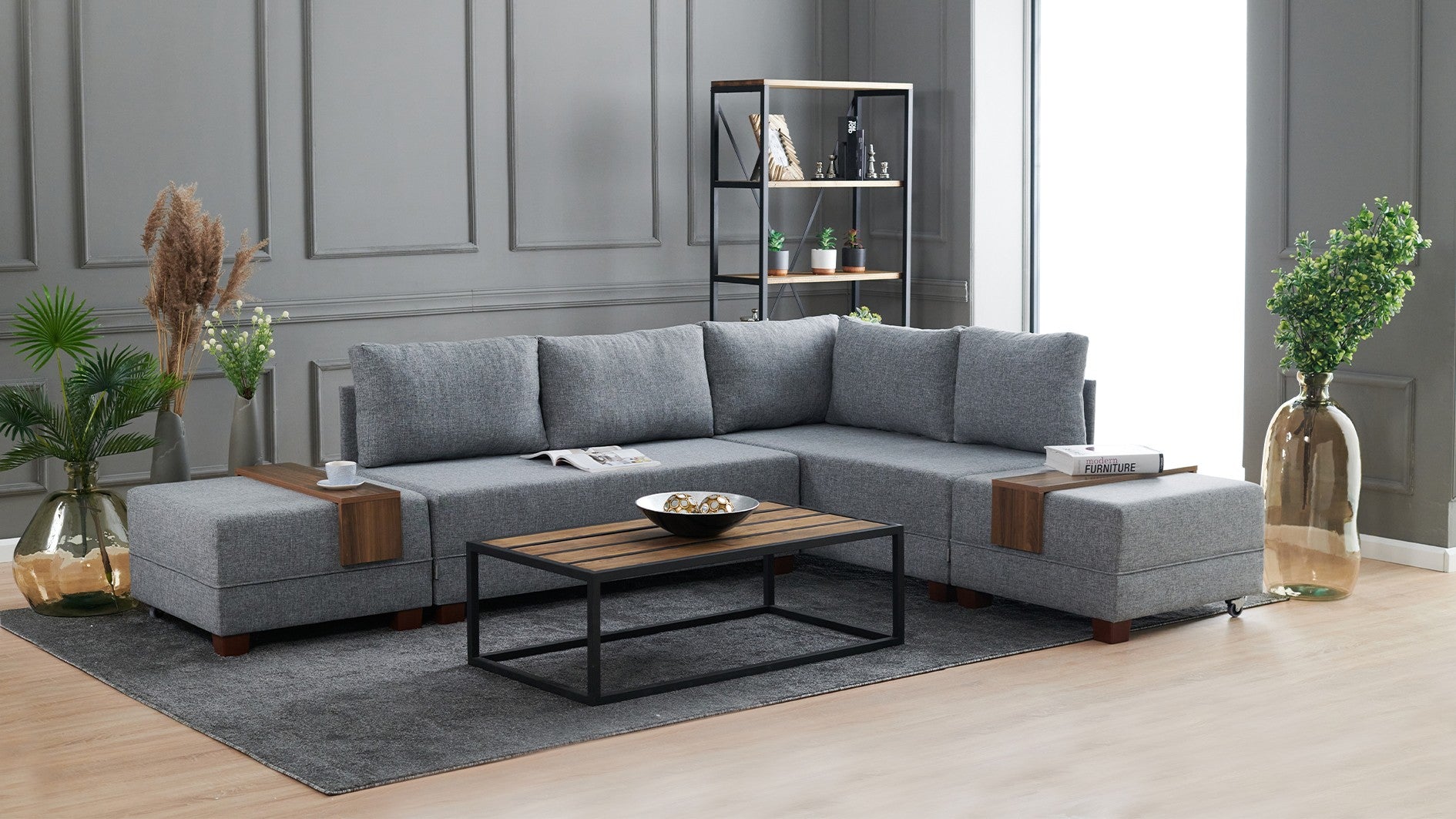 Sofá-cama de canto cinza elegante, 210 cm x 280 cm | 100% poliéster, estrutura de madeira, inclui mesa de apoio | Fácil de limpar, espuma DNS 32 confortável, perfeito para espaços modernos