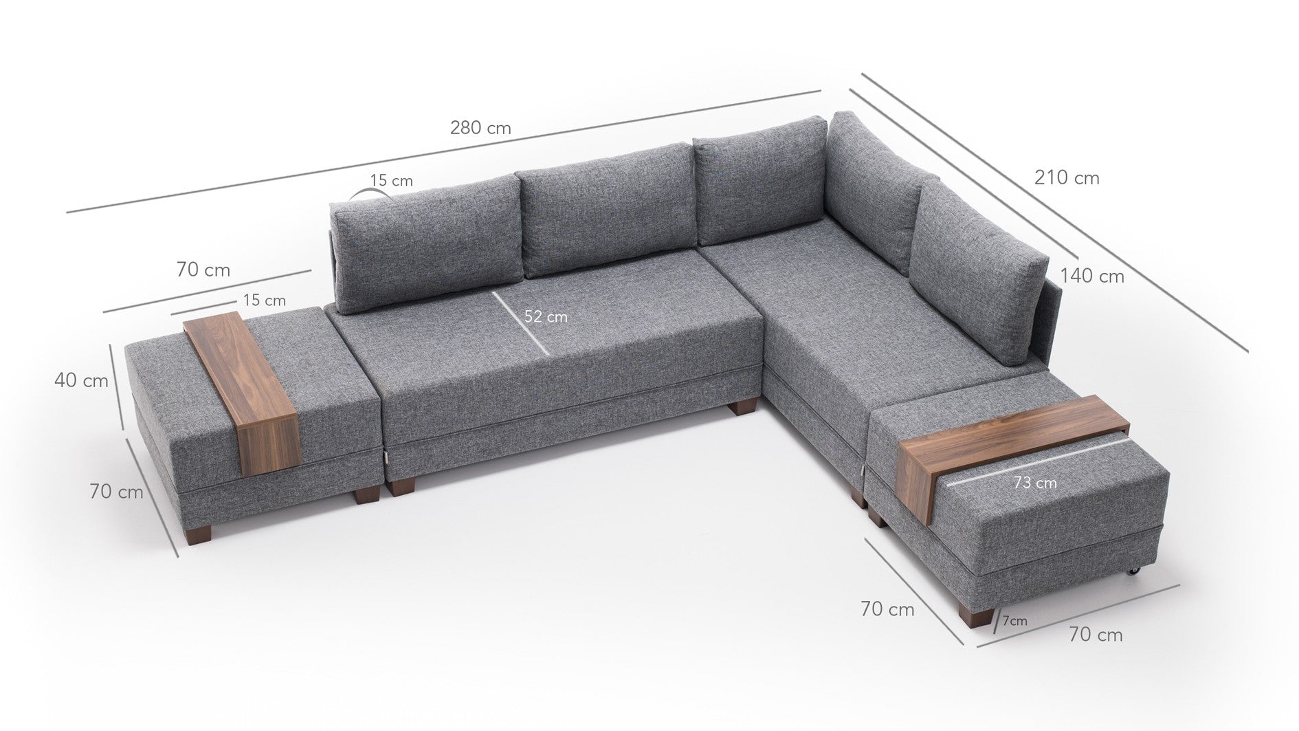 Sofá-cama de canto cinza elegante, 210 cm x 280 cm | 100% poliéster, estrutura de madeira, inclui mesa de apoio | Fácil de limpar, espuma DNS 32 confortável, perfeito para espaços modernos