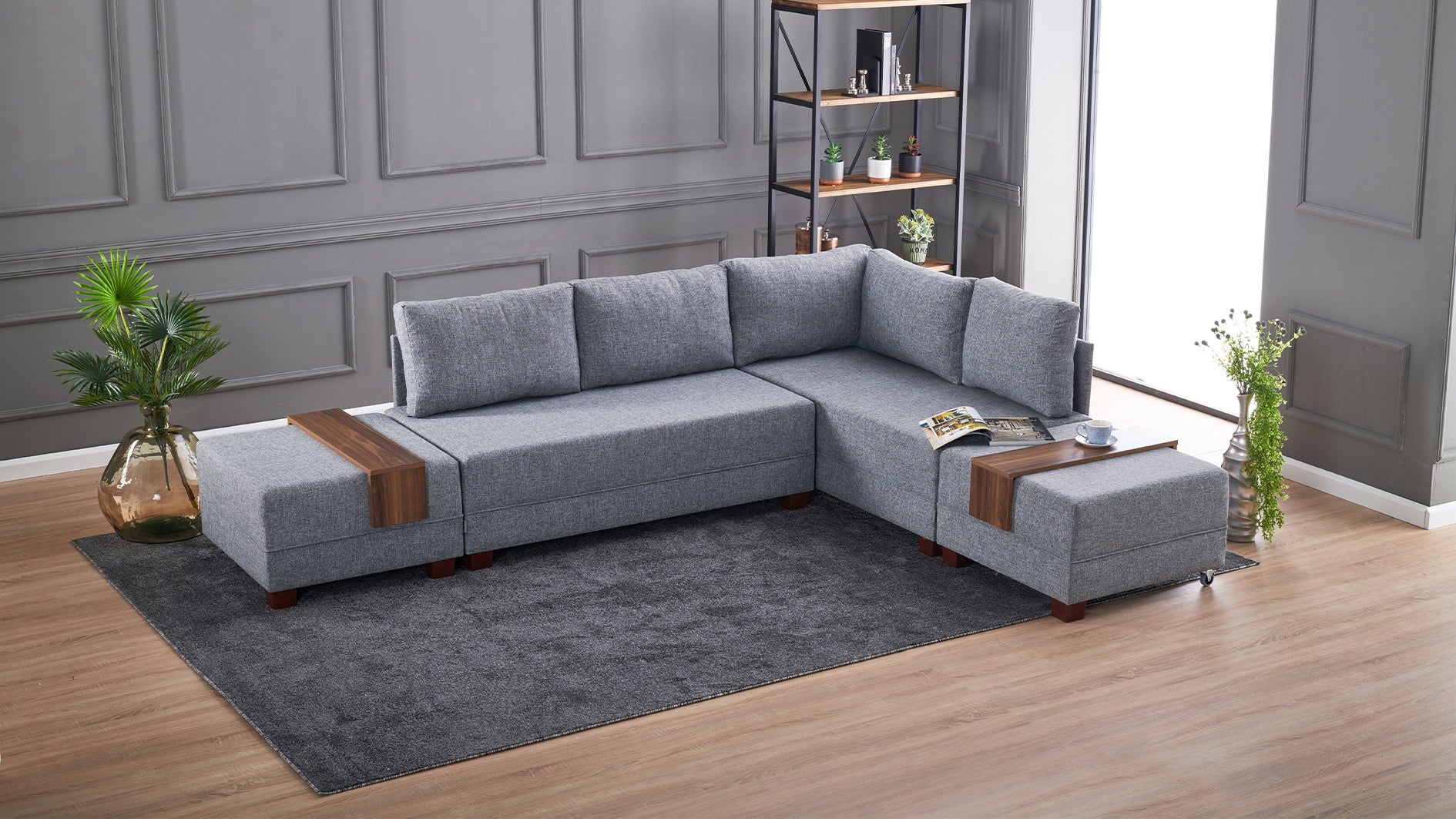 Sofá-cama de canto cinza elegante, 210 cm x 280 cm | 100% poliéster, estrutura de madeira, inclui mesa de apoio | Fácil de limpar, espuma DNS 32 confortável, perfeito para espaços modernos