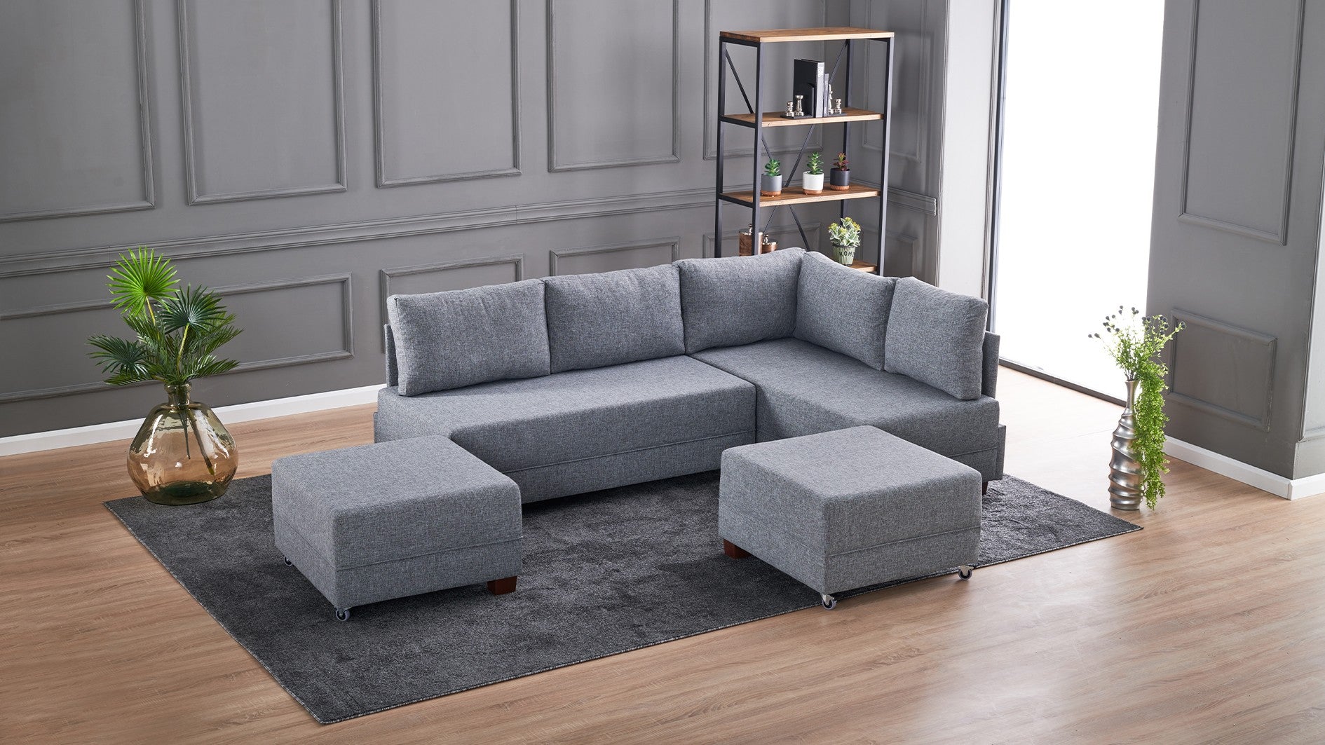 Sofá-cama de canto cinza elegante, 210 cm x 280 cm | 100% poliéster, estrutura de madeira, inclui mesa de apoio | Fácil de limpar, espuma DNS 32 confortável, perfeito para espaços modernos