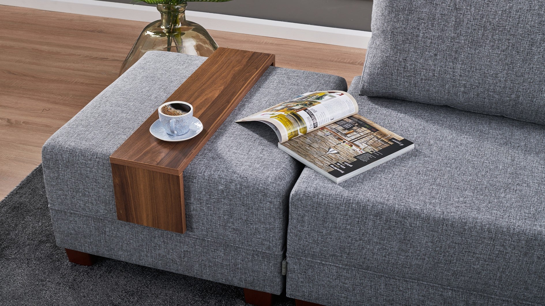 Sofá-cama de canto cinza elegante, 210 cm x 280 cm | 100% poliéster, estrutura de madeira, inclui mesa de apoio | Fácil de limpar, espuma DNS 32 confortável, perfeito para espaços modernos